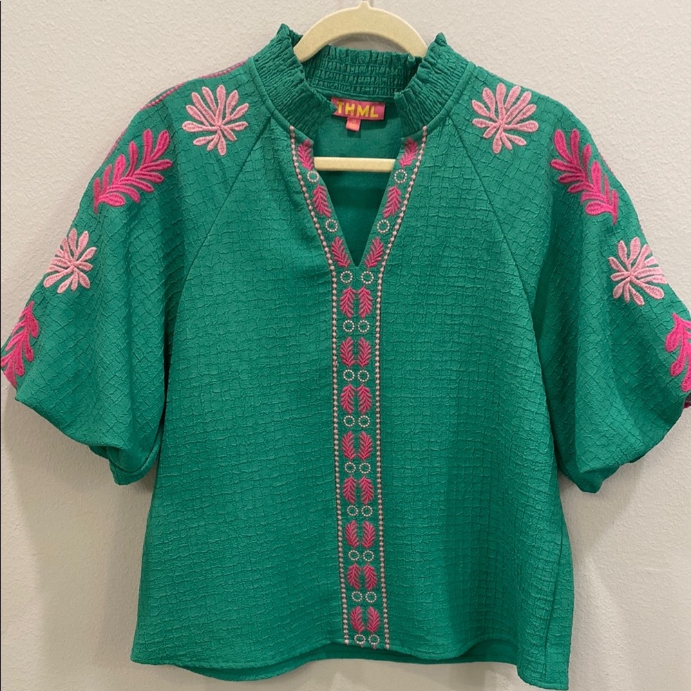 THML Green Boxy Embellished Blouse with Mandarin Collar